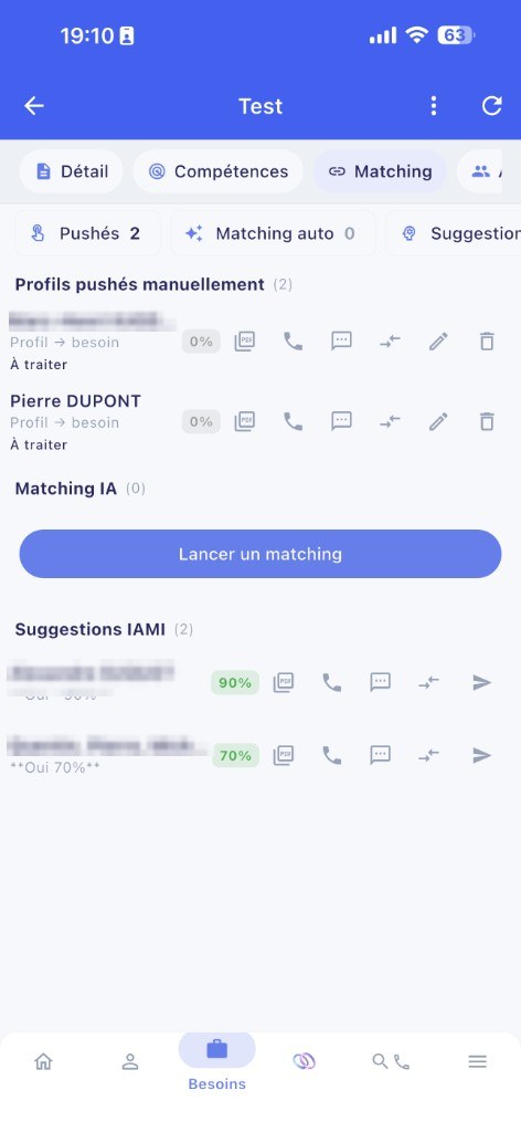 Matching IAMI : profils pushés, scores, appel, SMS et bouton Lancer un matching
