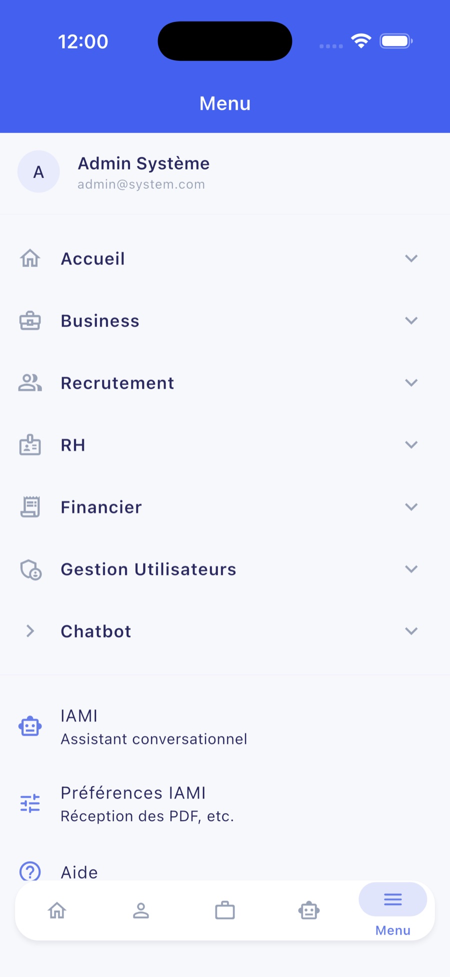 Menu IAMI : Business, Recrutement, RH, Financier